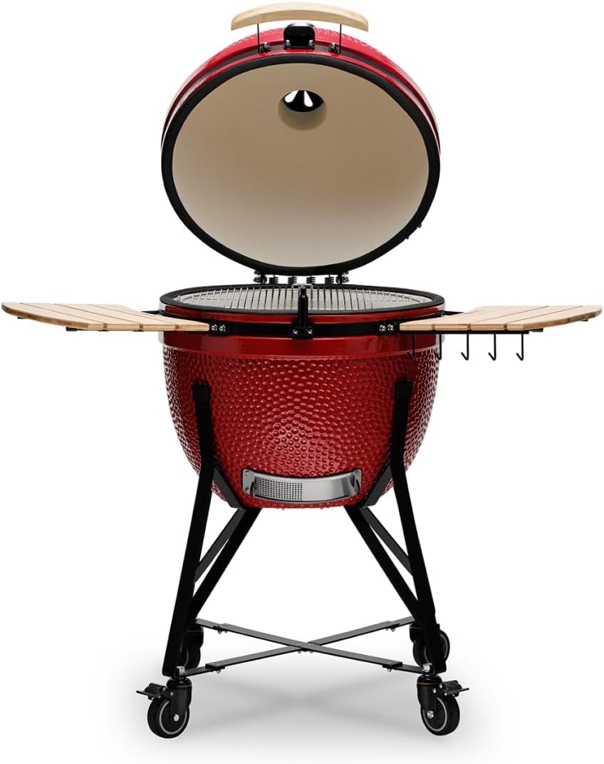 Grill Kamado BONO - Duży grill XXL z 10 akcesoriami - Ø 64 cm Grill Kamado z akcesoriami - Czerwony grill wędzarniczy na taras, balkon lub do ogrodu