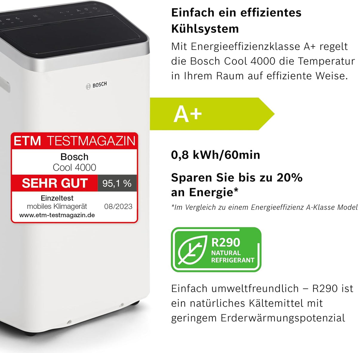 Przenośny klimatyzator Bosch Cool 4000 – 3 w 1: klimatyzator, osuszacz, wentylator – 2,6 kW do pomieszczeń o powierzchni do 35 m² – Z trybami Auto, Silent i Sleep