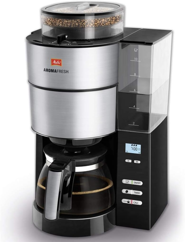 Melitta AromaFresh - Ekspres przelewowy - ze szklanym dzbankiem - wbudowanym młynkiem - funkcją timera - 10 filiżanek - Czysta czerń