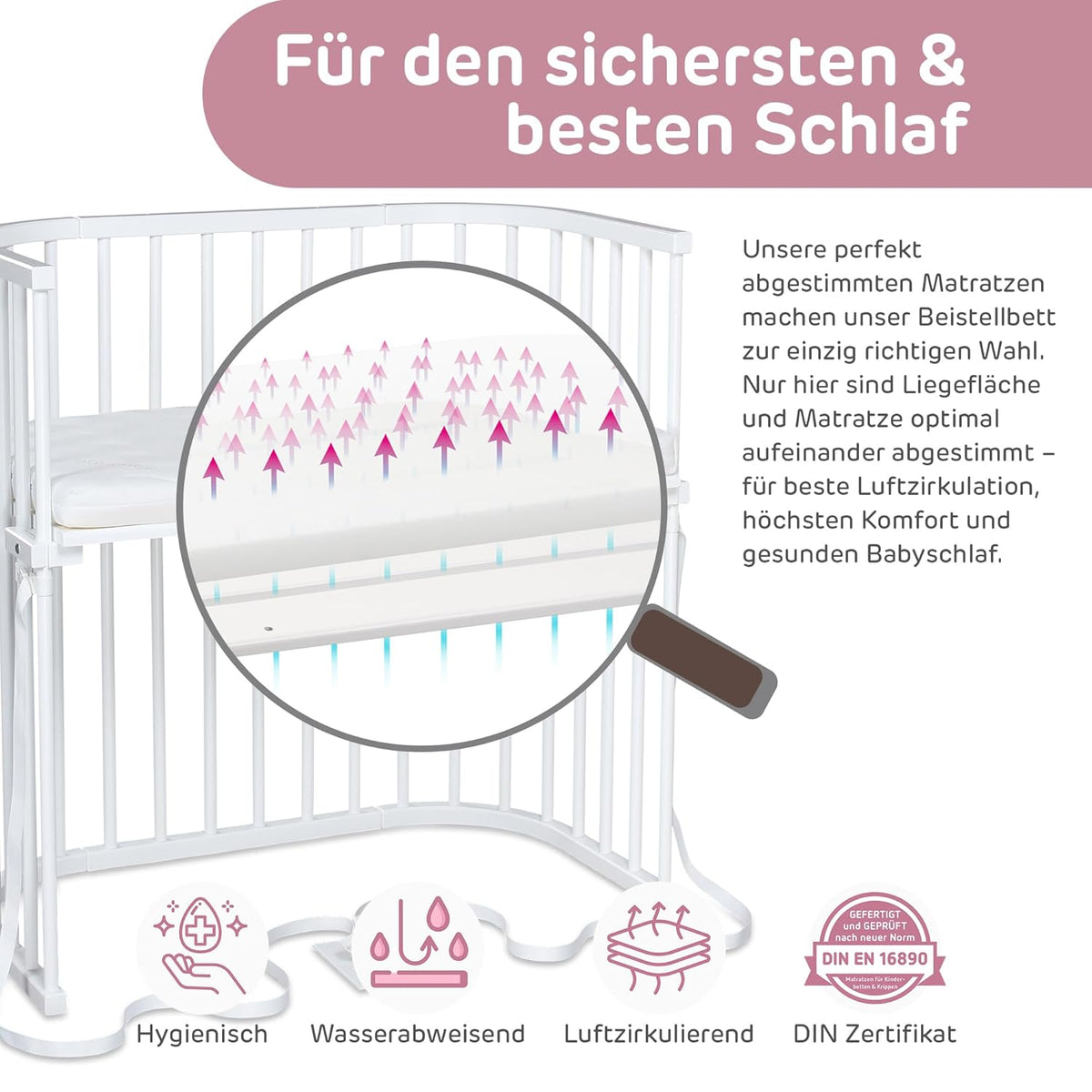 Oryginalne łóżeczko dostawne Babybay z litego drewna bukowego / kompaktowe i rozkładane / płynna regulacja wysokości łóżeczka i przyjazne dla środowiska / rośnie wraz z dzieckiem (lakierowane na biało) / w zestawie materac