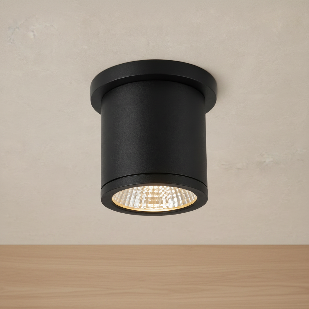 Prestige Lighting Kuzco Nordic 4 in 10W Outdoor LED Cylinder Ceiling Mount Light in Black Wet Rated, front view