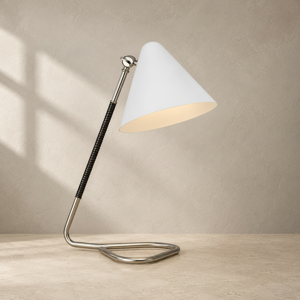 Prestige Lighting Visual Comfort Laken 17 in Desk Lamp in Polished Nickel and Black Rattan, front view